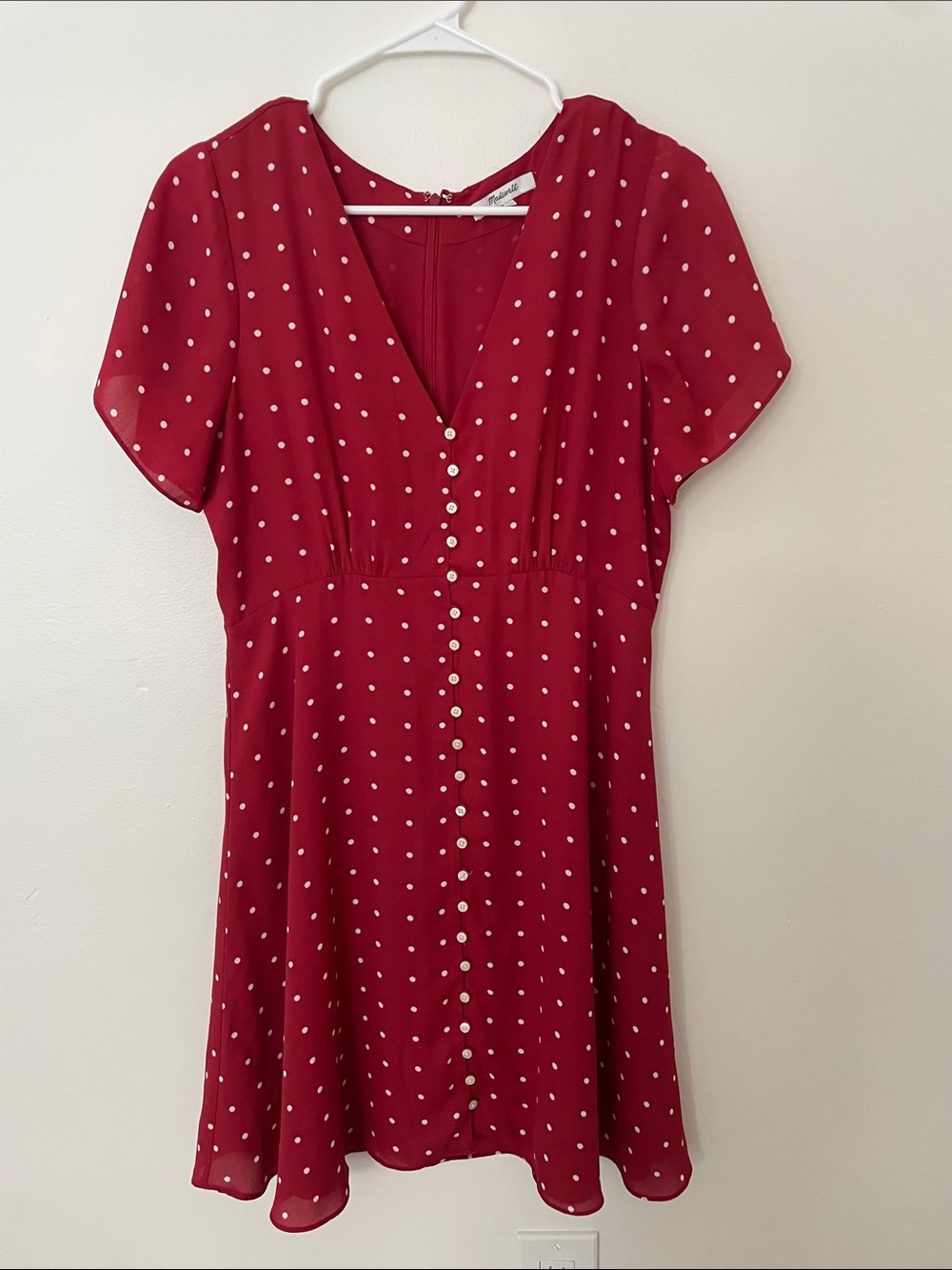 Madewell Red Polka Dot Button Front swing dress grid dot EUC size 8